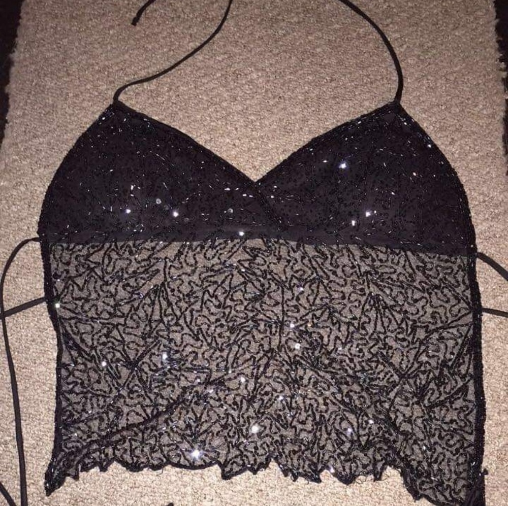 Passport Size M sequined beaded halter top.